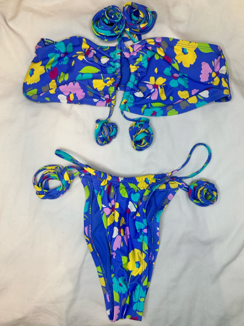 Lulus Summer Sensations Blue Floral Side Tie Bikini Set S Top XS Bottom Wrap Tie